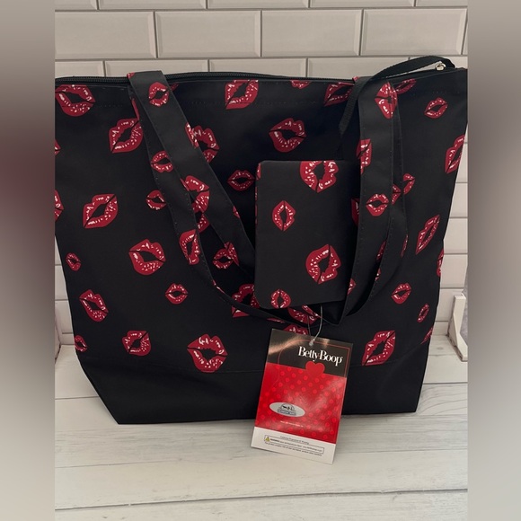 Betty Boop Canvas Tote Bag with Coin Purse Red Lips Super Cute! - Picture 9 of 11